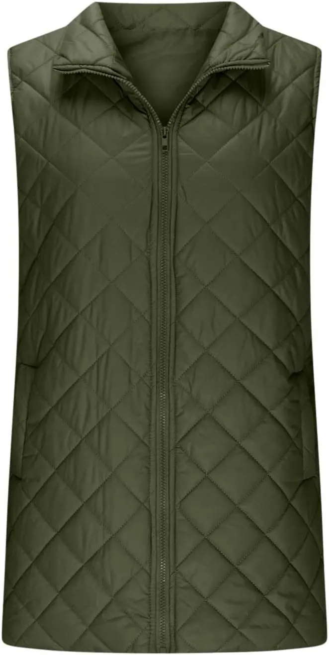 Women Mid Length Puffer Vest Lightweight Quilted Gilet Winter Warm Zip Up Sleeveless Down Jacket Fashion Waistcoat
