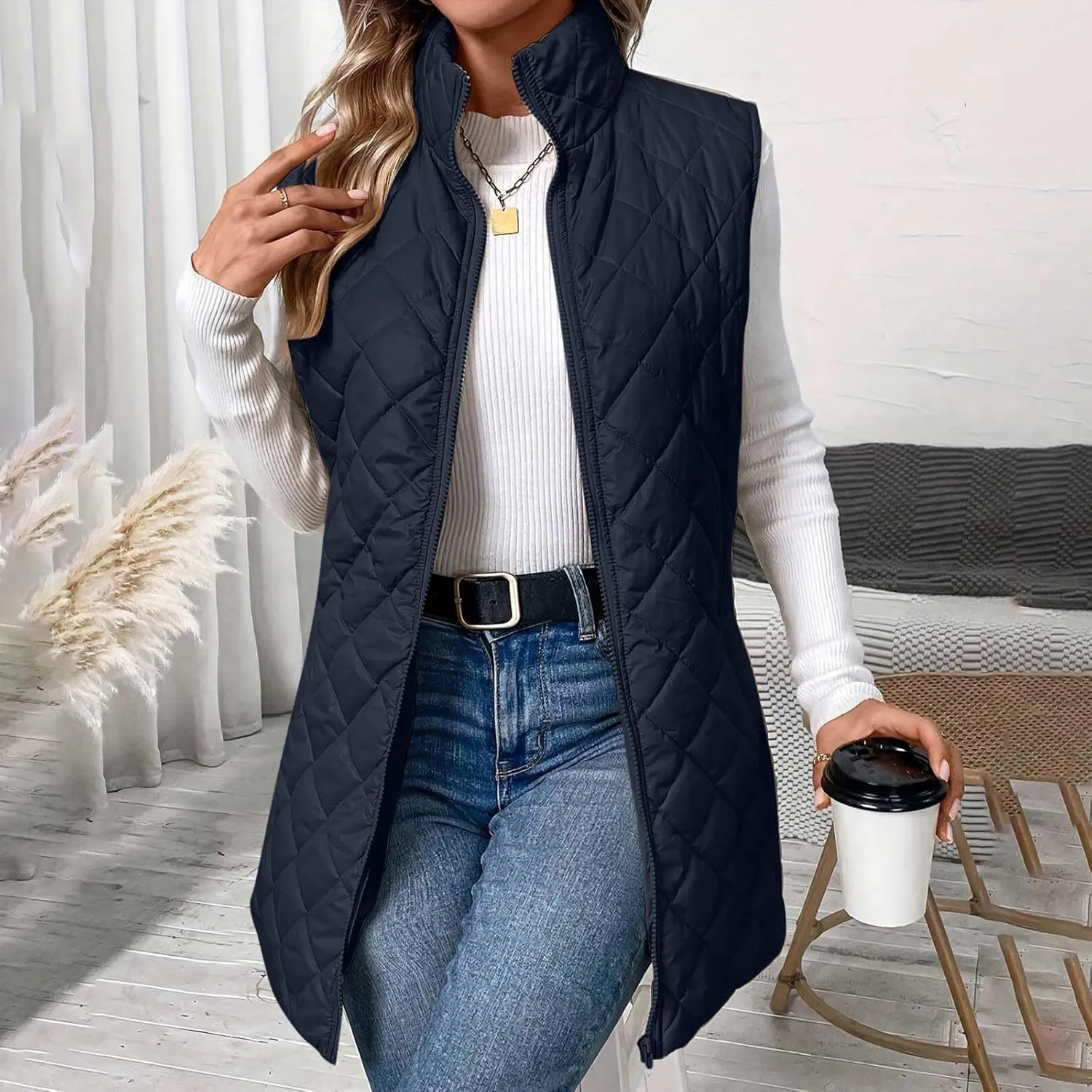 Women Mid Length Puffer Vest Lightweight Quilted Gilet Winter Warm Zip Up Sleeveless Down Jacket Fashion Waistcoat
