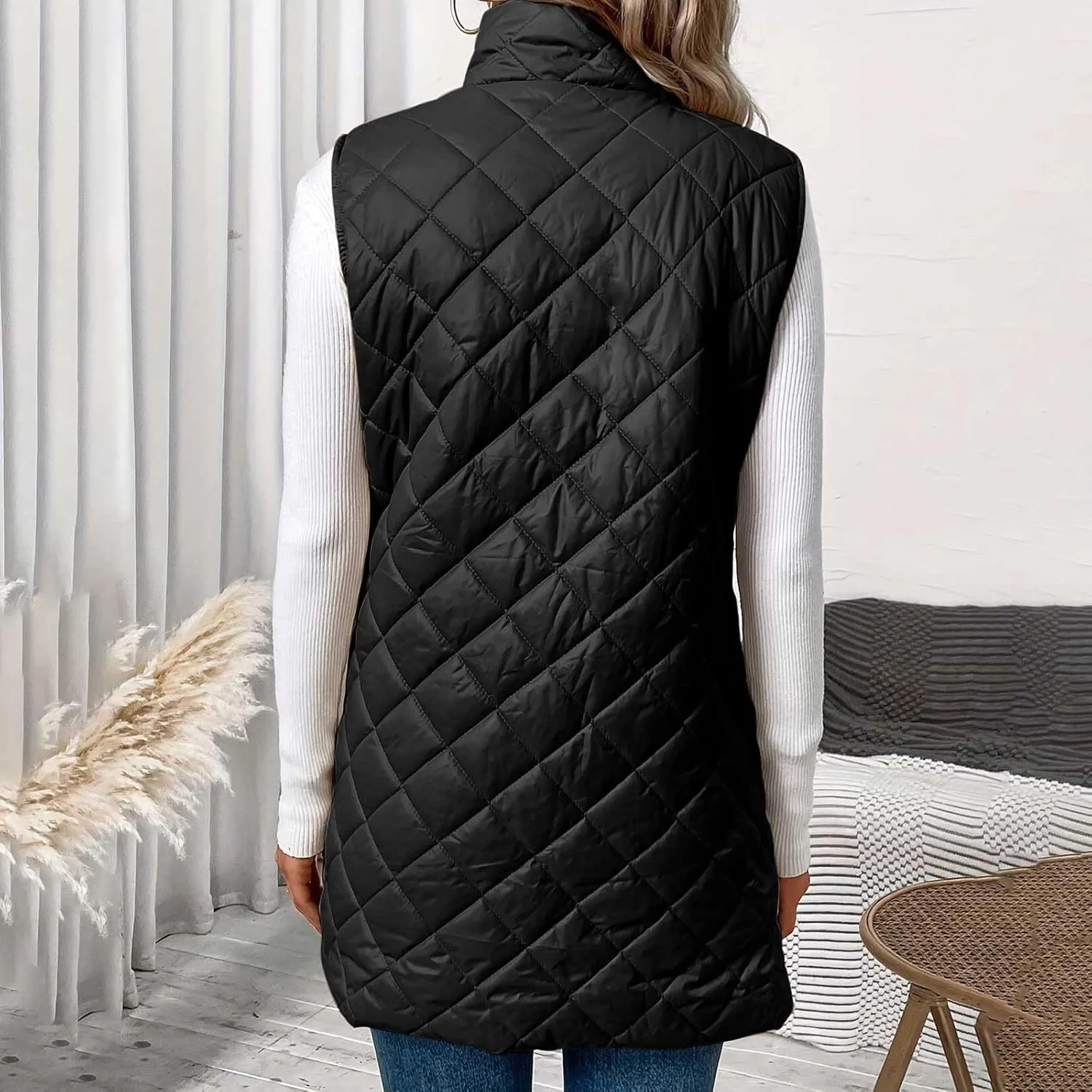 Women Mid Length Puffer Vest Lightweight Quilted Gilet Winter Warm Zip Up Sleeveless Down Jacket Fashion Waistcoat