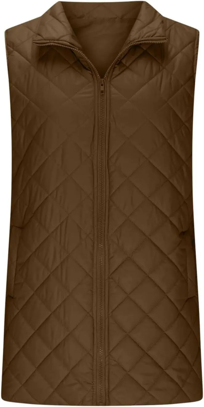 Women Mid Length Puffer Vest Lightweight Quilted Gilet Winter Warm Zip Up Sleeveless Down Jacket Fashion Waistcoat
