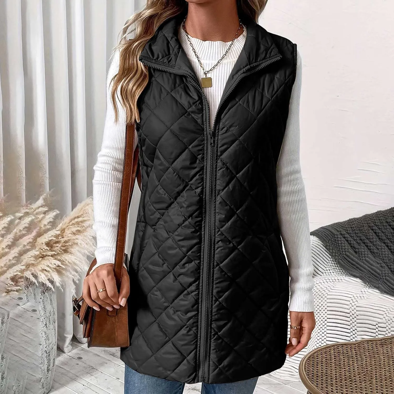 Women Mid Length Puffer Vest Lightweight Quilted Gilet Winter Warm Zip Up Sleeveless Down Jacket Fashion Waistcoat