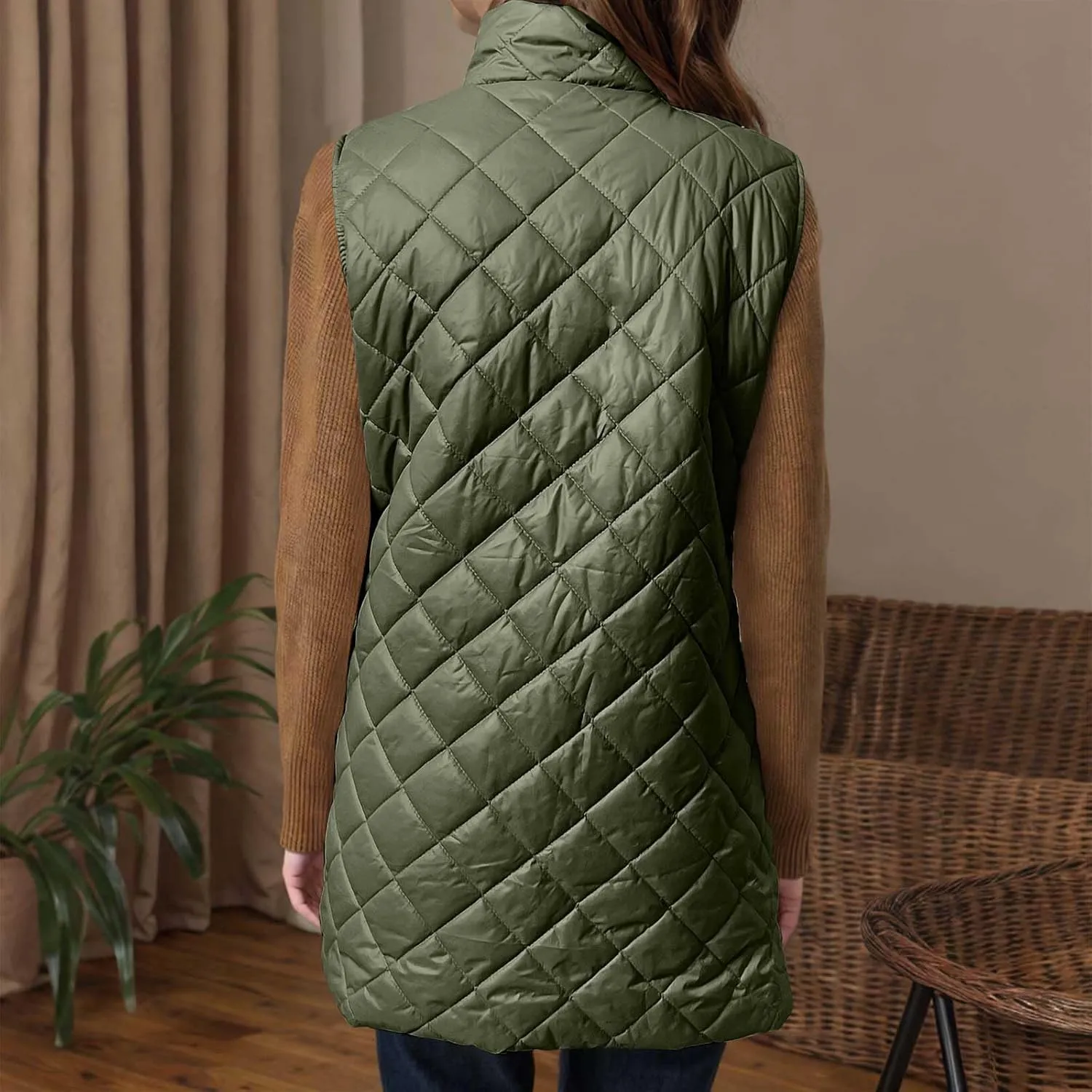 Women Mid Length Puffer Vest Lightweight Quilted Gilet Winter Warm Zip Up Sleeveless Down Jacket Fashion Waistcoat