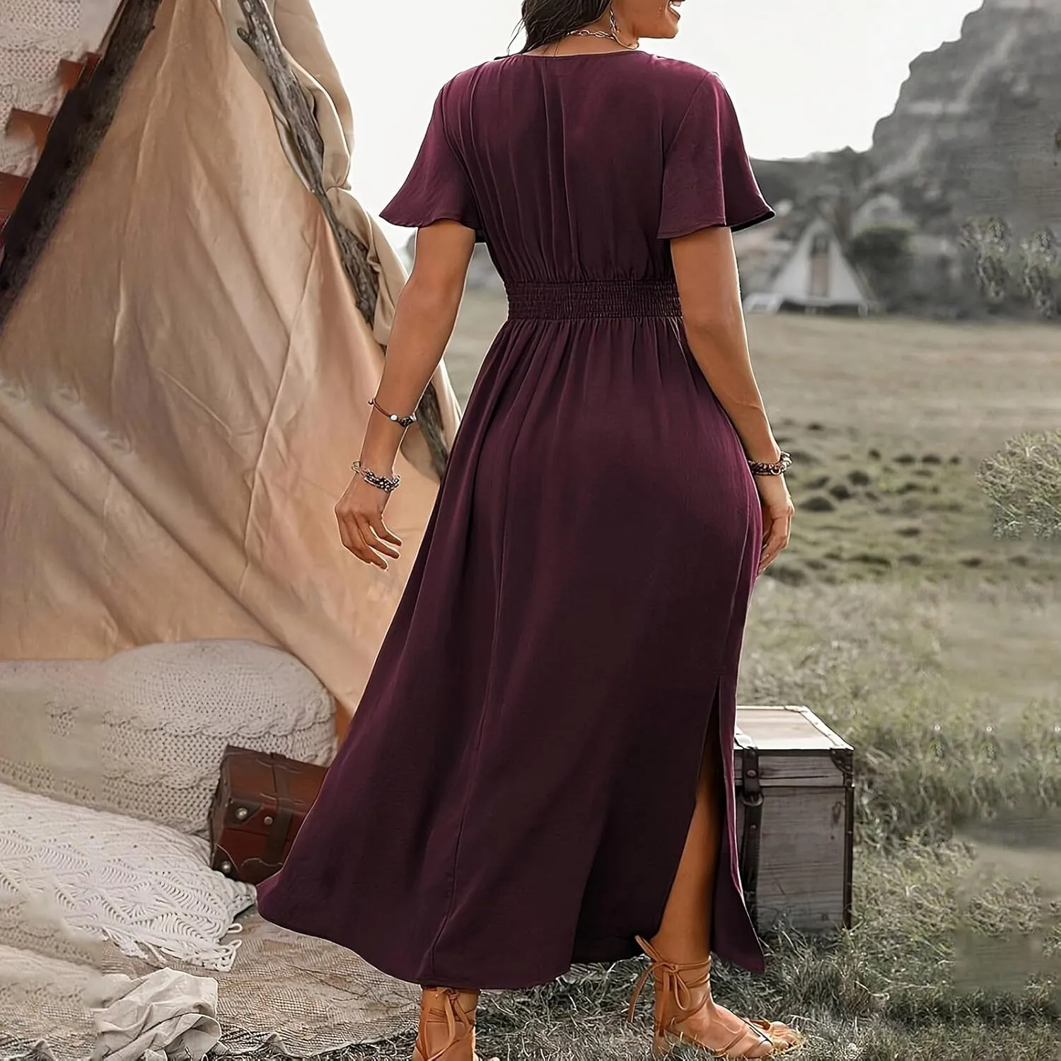 Women Plus Size Wrap V Neck Midi Dress High Waisted Side Split Elegant Casual Evening Party Date Long Dress Trendy