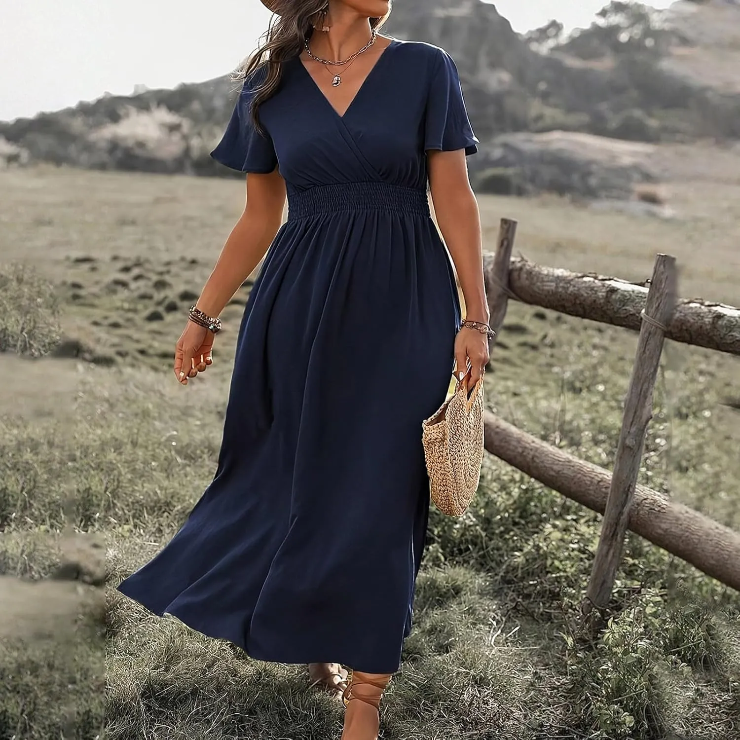 Women Plus Size Wrap V Neck Midi Dress High Waisted Side Split Elegant Casual Evening Party Date Long Dress Trendy