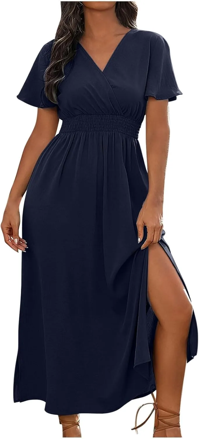 Women Plus Size Wrap V Neck Midi Dress High Waisted Side Split Elegant Casual Evening Party Date Long Dress Trendy