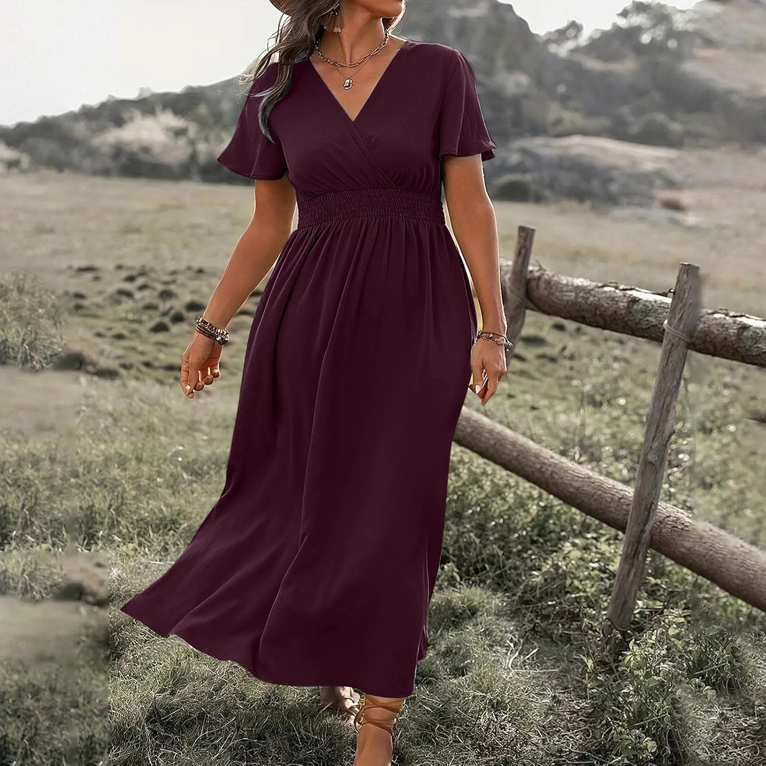 Women Plus Size Wrap V Neck Midi Dress High Waisted Side Split Elegant Casual Evening Party Date Long Dress Trendy
