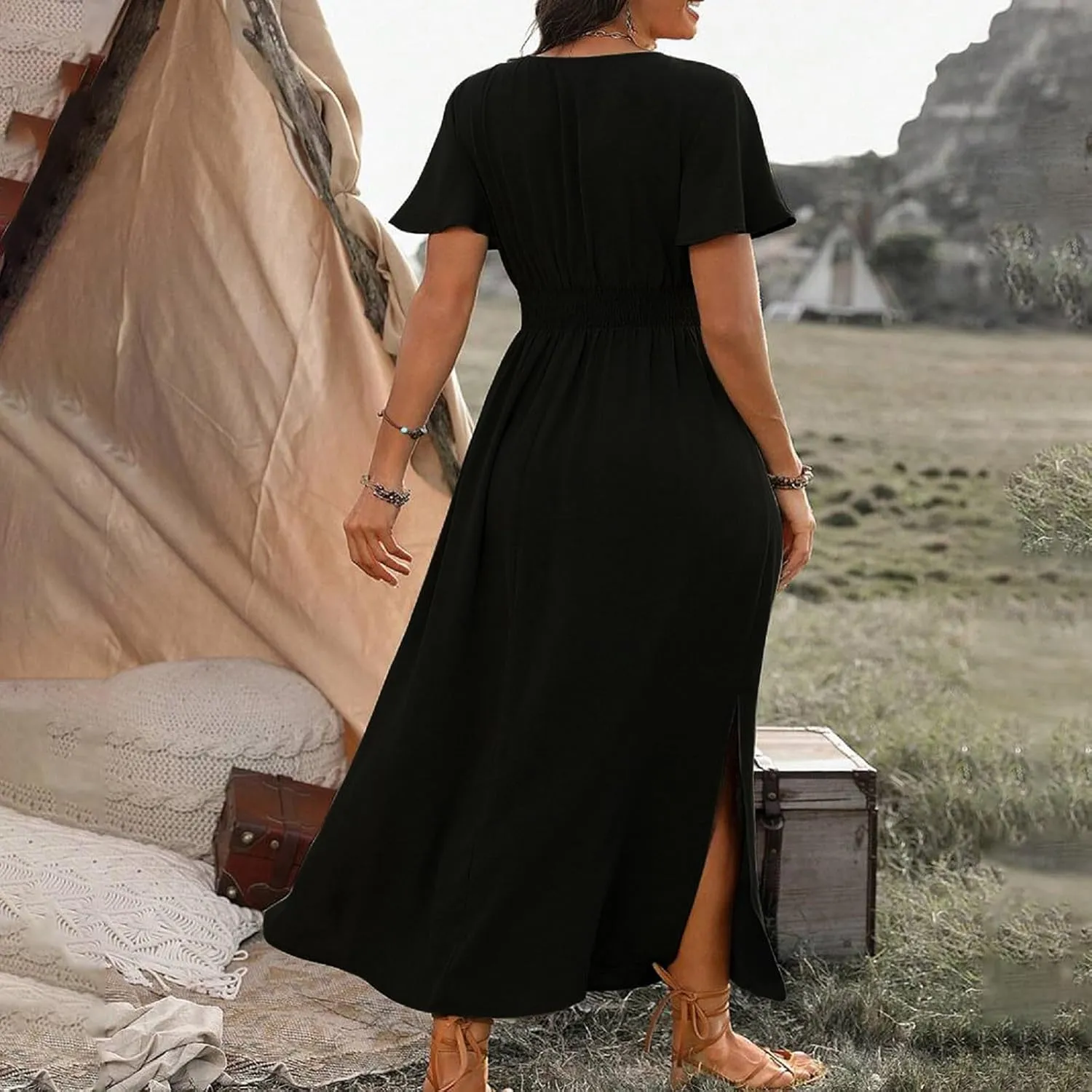 Women Plus Size Wrap V Neck Midi Dress High Waisted Side Split Elegant Casual Evening Party Date Long Dress Trendy