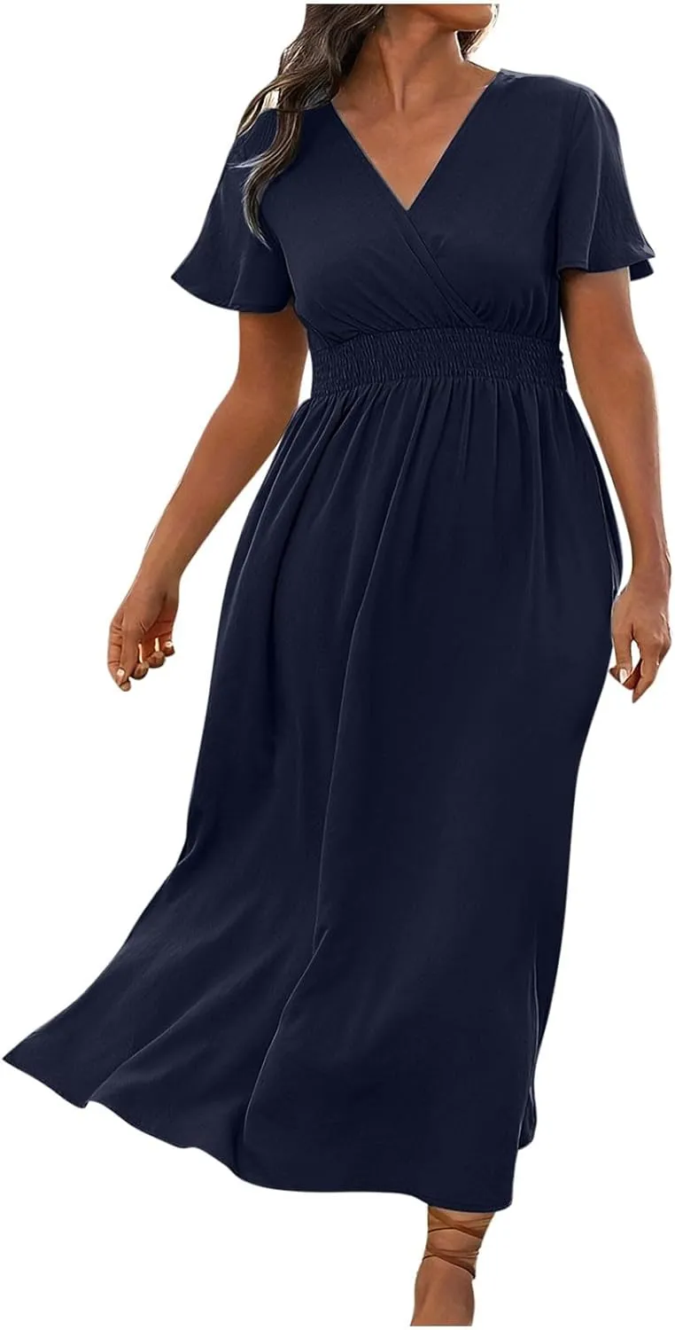 Women Plus Size Wrap V Neck Midi Dress High Waisted Side Split Elegant Casual Evening Party Date Long Dress Trendy