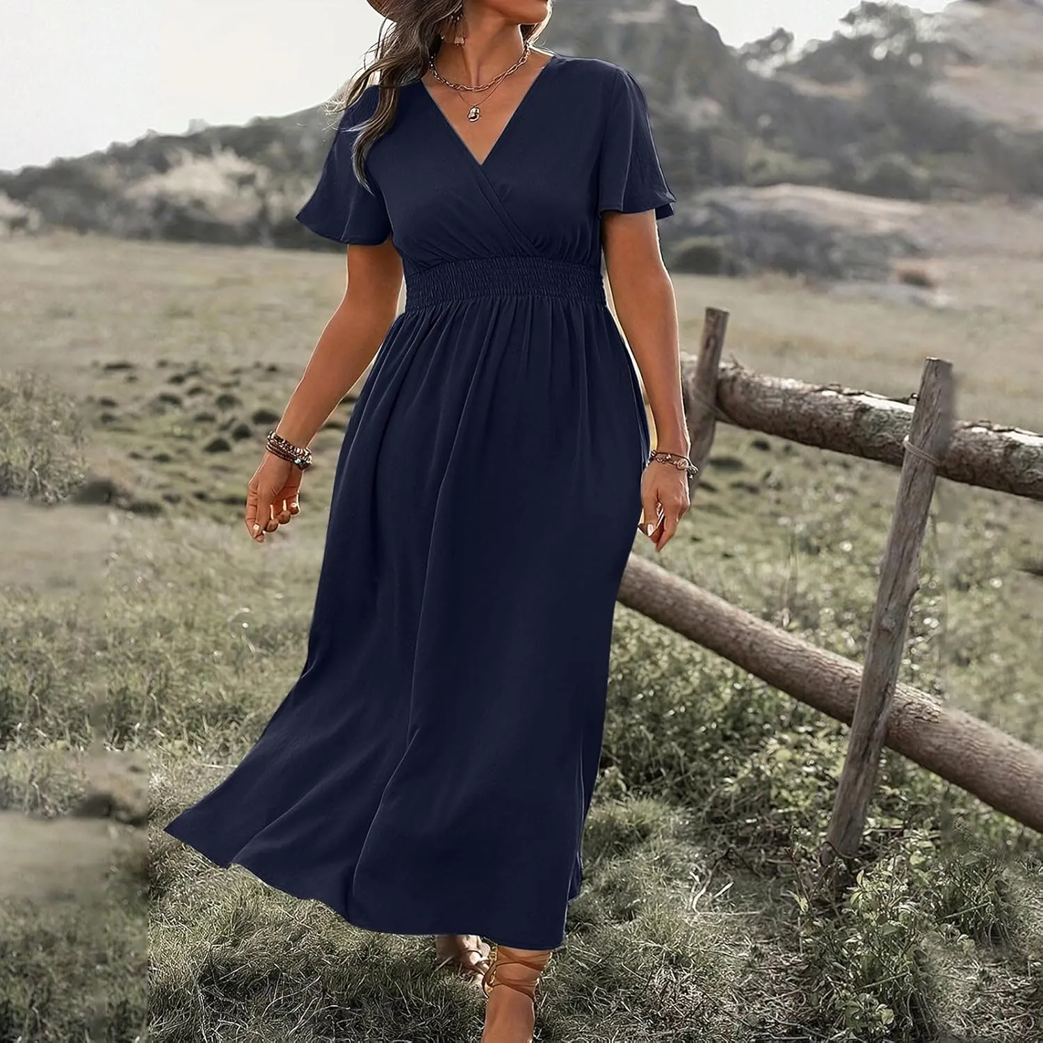 Women Plus Size Wrap V Neck Midi Dress High Waisted Side Split Elegant Casual Evening Party Date Long Dress Trendy