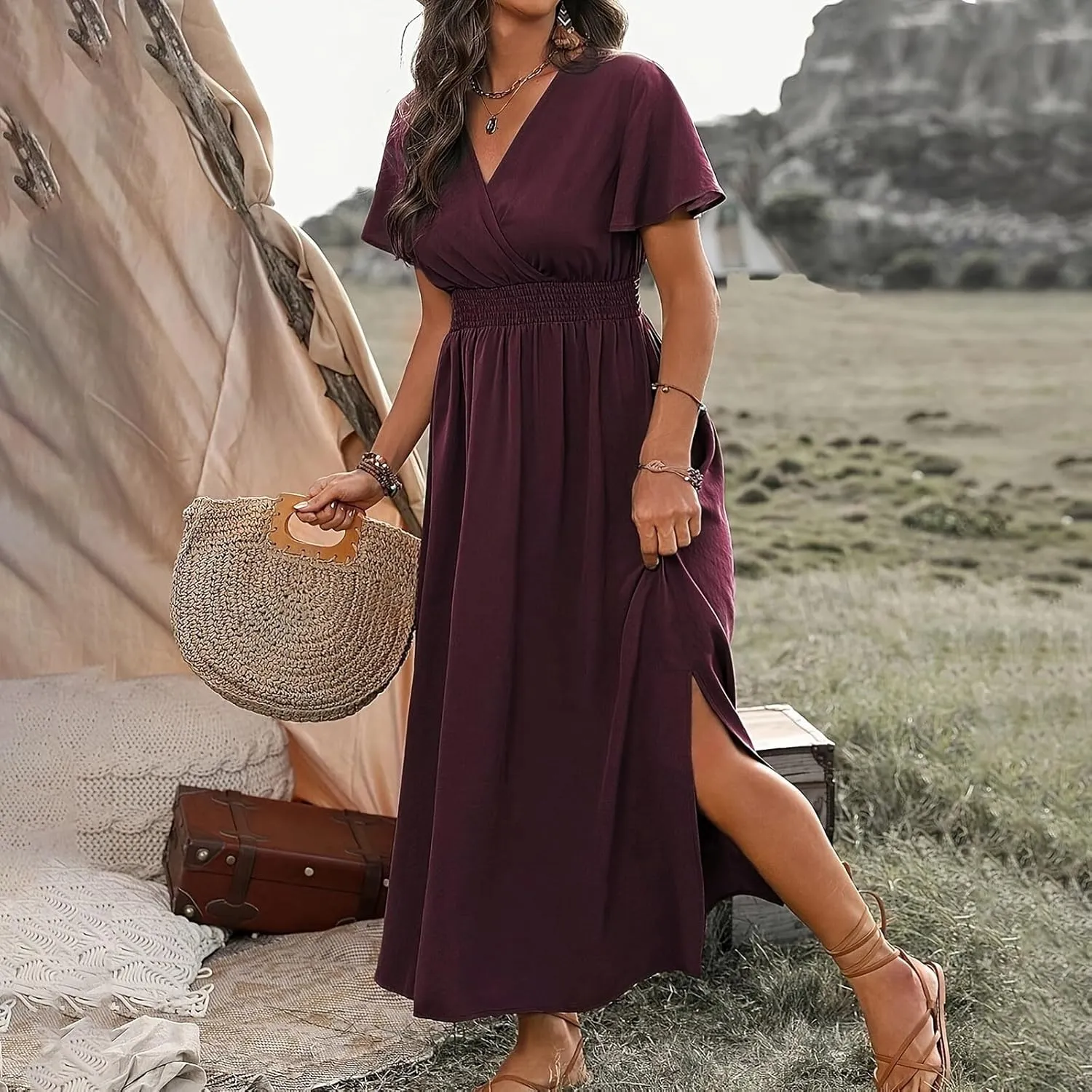 Women Plus Size Wrap V Neck Midi Dress High Waisted Side Split Elegant Casual Evening Party Date Long Dress Trendy
