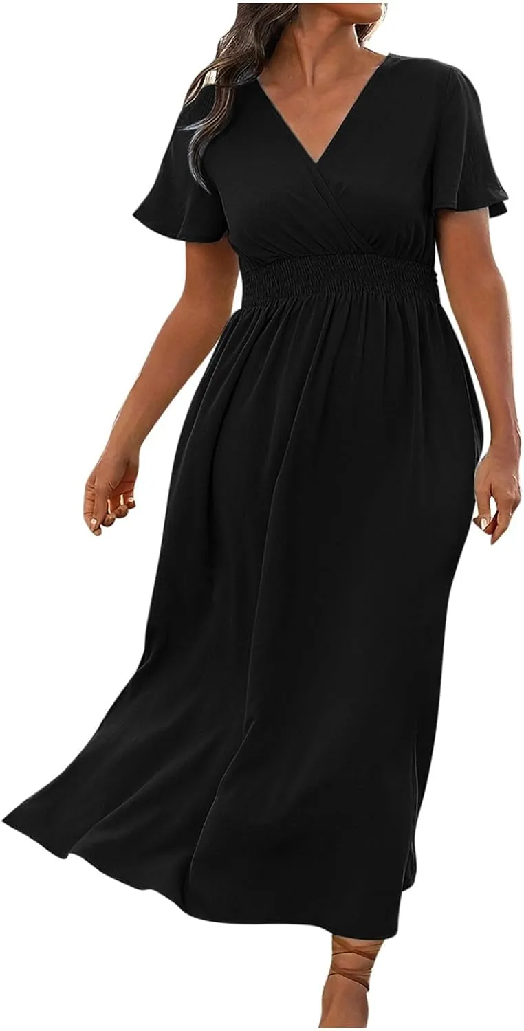 Women Plus Size Wrap V Neck Midi Dress High Waisted Side Split Elegant Casual Evening Party Date Long Dress Trendy