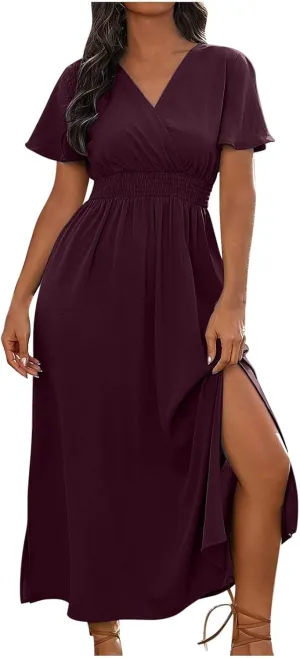 Women Plus Size Wrap V Neck Midi Dress High Waisted Side Split Elegant Casual Evening Party Date Long Dress Trendy