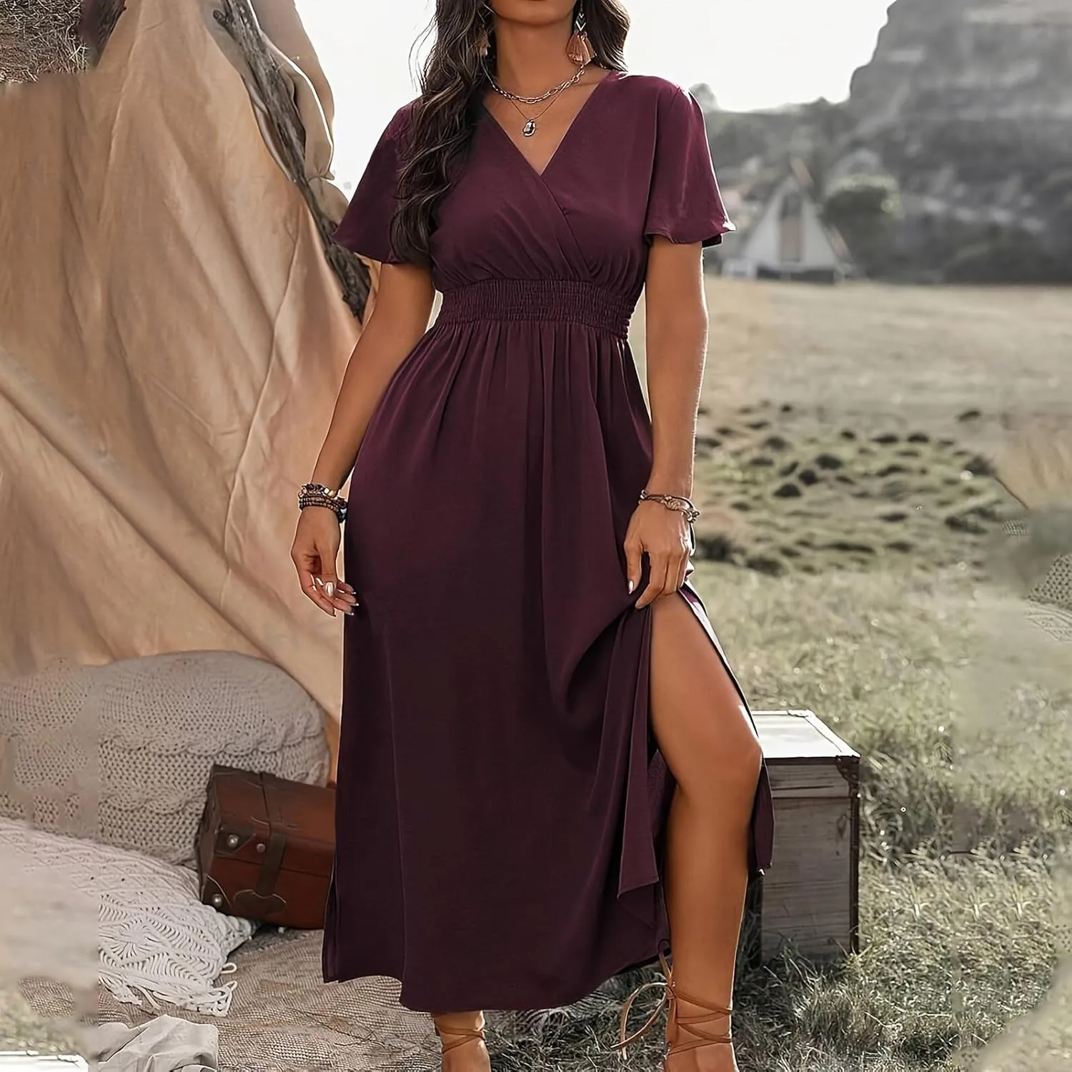 Women Plus Size Wrap V Neck Midi Dress High Waisted Side Split Elegant Casual Evening Party Date Long Dress Trendy