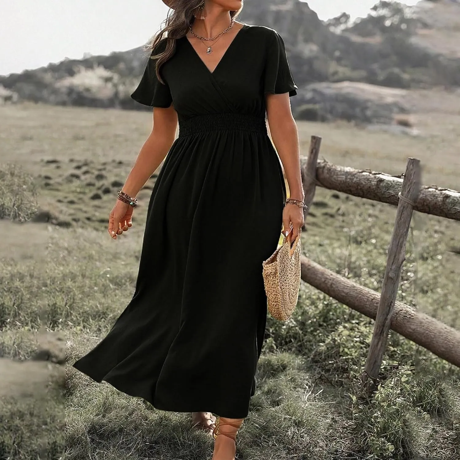 Women Plus Size Wrap V Neck Midi Dress High Waisted Side Split Elegant Casual Evening Party Date Long Dress Trendy