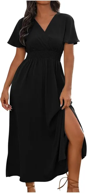 Women Plus Size Wrap V Neck Midi Dress High Waisted Side Split Elegant Casual Evening Party Date Long Dress Trendy