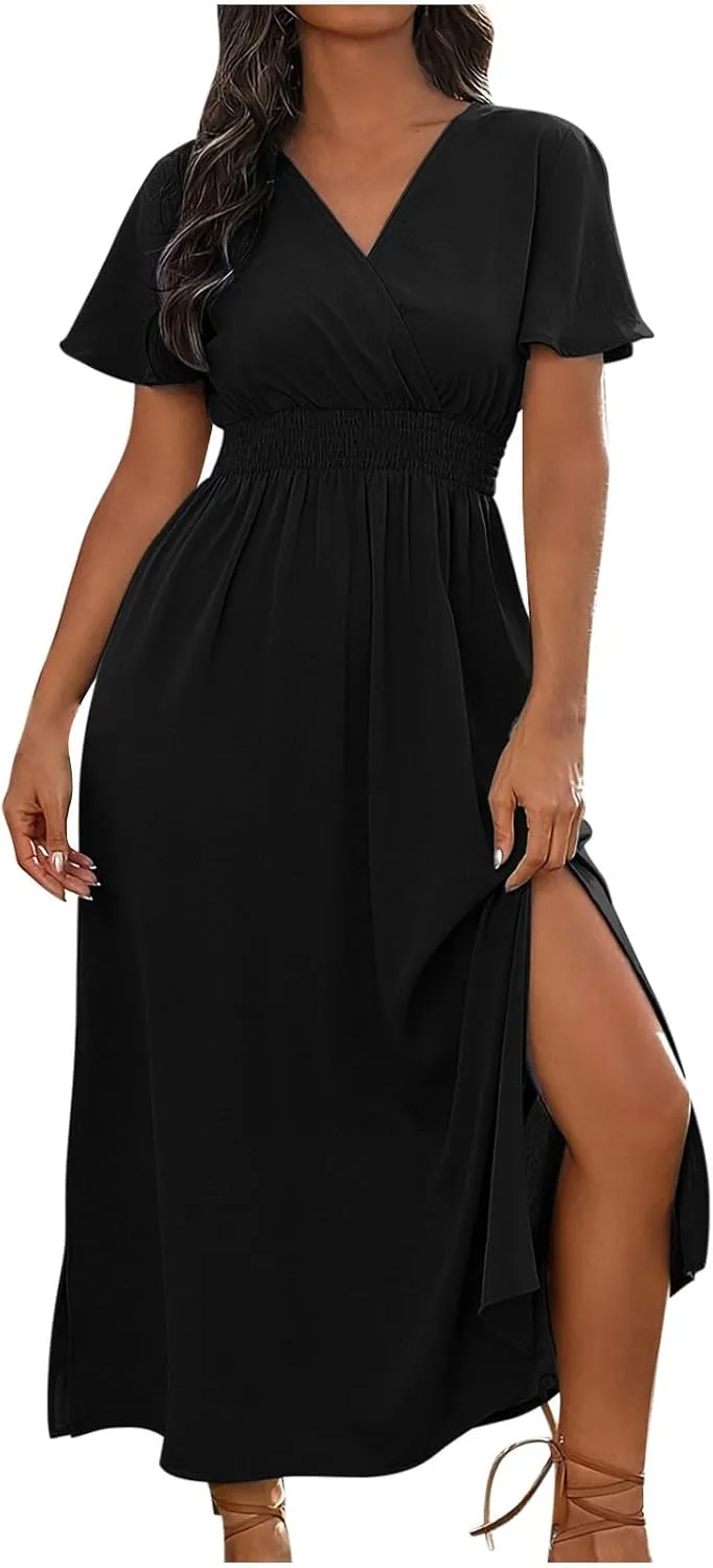 Women Plus Size Wrap V Neck Midi Dress High Waisted Side Split Elegant Casual Evening Party Date Long Dress Trendy
