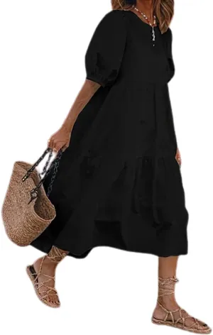 Women Puff Short Sleeve Linen Dress Summer Crewneck Flowy Tiered Maxi Dress Casual Plus Size Solid Long Dresses
