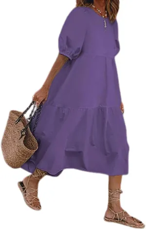 Women Puff Short Sleeve Linen Dress Summer Crewneck Flowy Tiered Maxi Dress Casual Plus Size Solid Long Dresses
