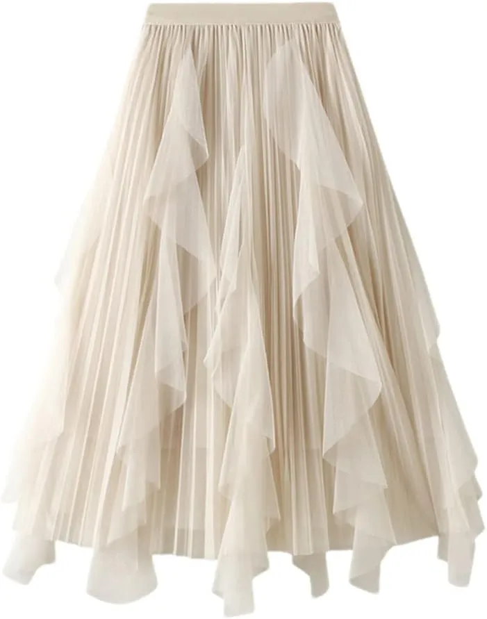 Women Purple Gradient Color Tulle Skirt Midi Long High Waist Pleated Party Skirt