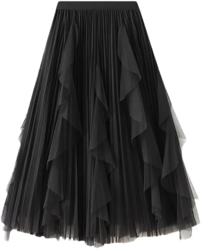 Women Purple Gradient Color Tulle Skirt Midi Long High Waist Pleated Party Skirt
