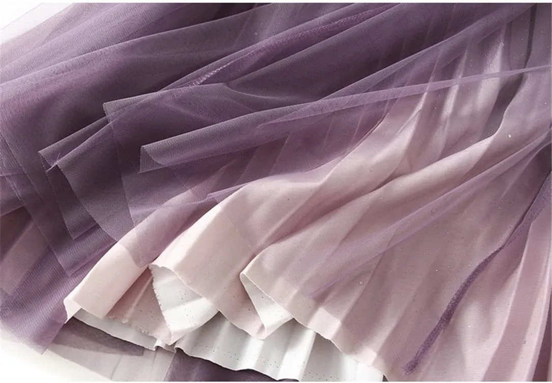 Women Purple Gradient Color Tulle Skirt Midi Long High Waist Pleated Party Skirt