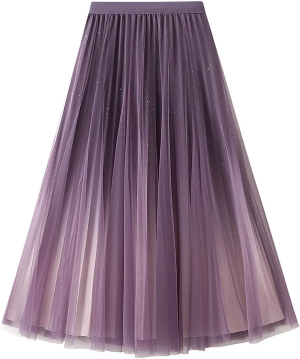Women Purple Gradient Color Tulle Skirt Midi Long High Waist Pleated Party Skirt