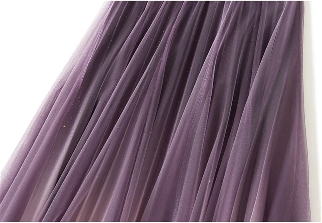 Women Purple Gradient Color Tulle Skirt Midi Long High Waist Pleated Party Skirt