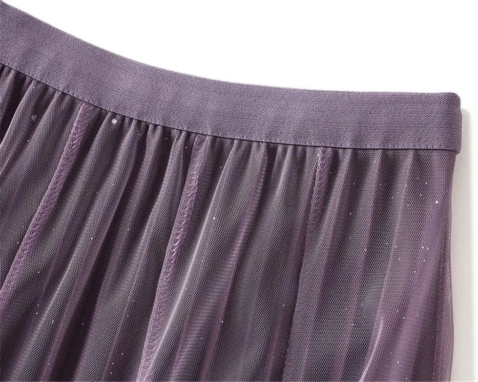 Women Purple Gradient Color Tulle Skirt Midi Long High Waist Pleated Party Skirt