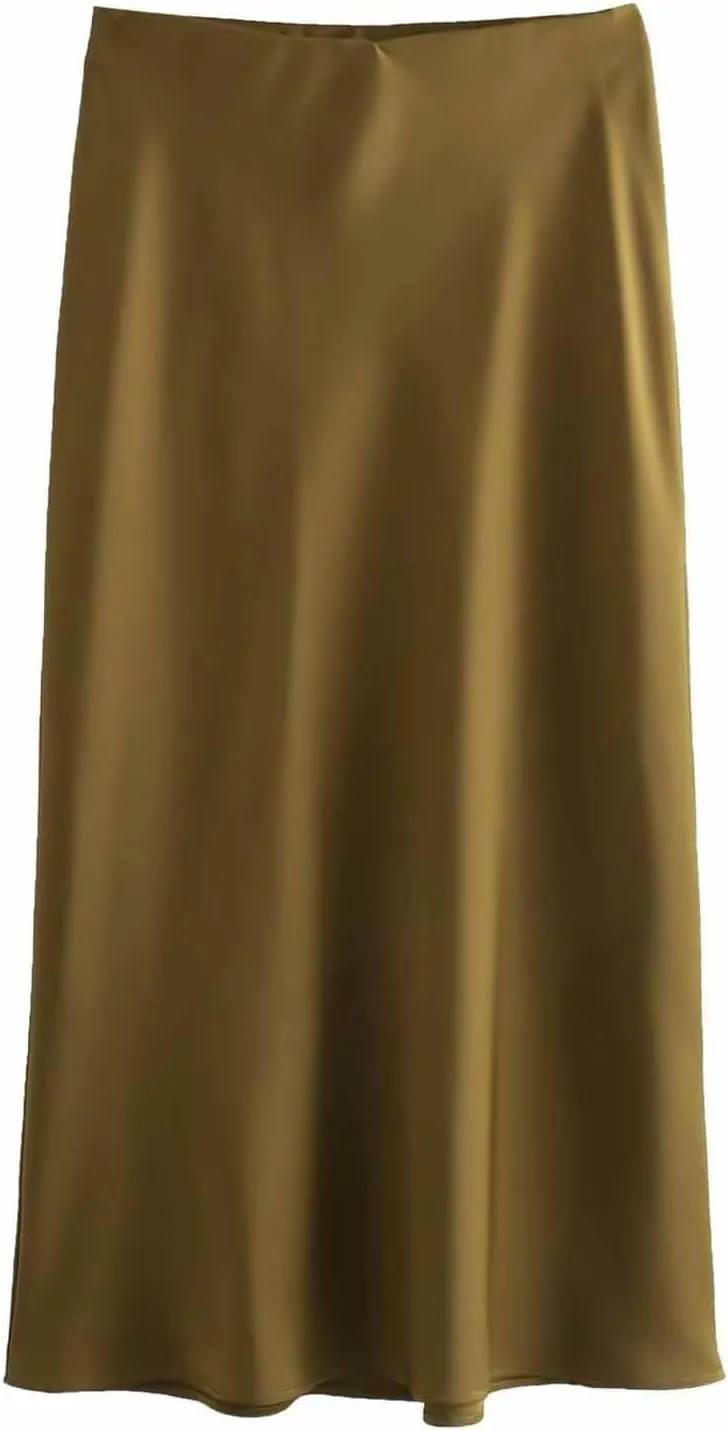 Women Satin Basic Midi Skirt Bodycon High Waist Pencil Skirts Elegant Casual Slim Fit Work Skirt for Going Out