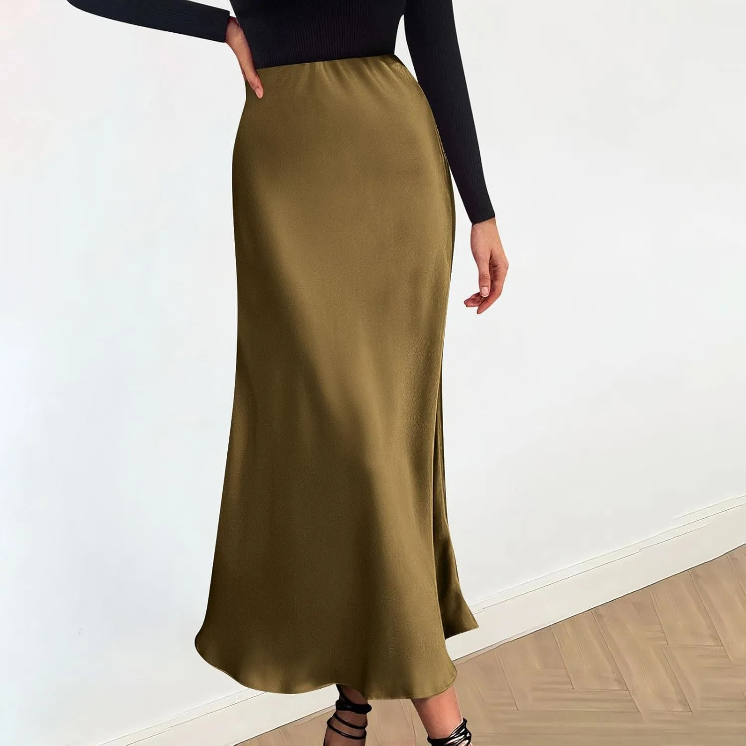 Women Satin Basic Midi Skirt Bodycon High Waist Pencil Skirts Elegant Casual Slim Fit Work Skirt for Going Out
