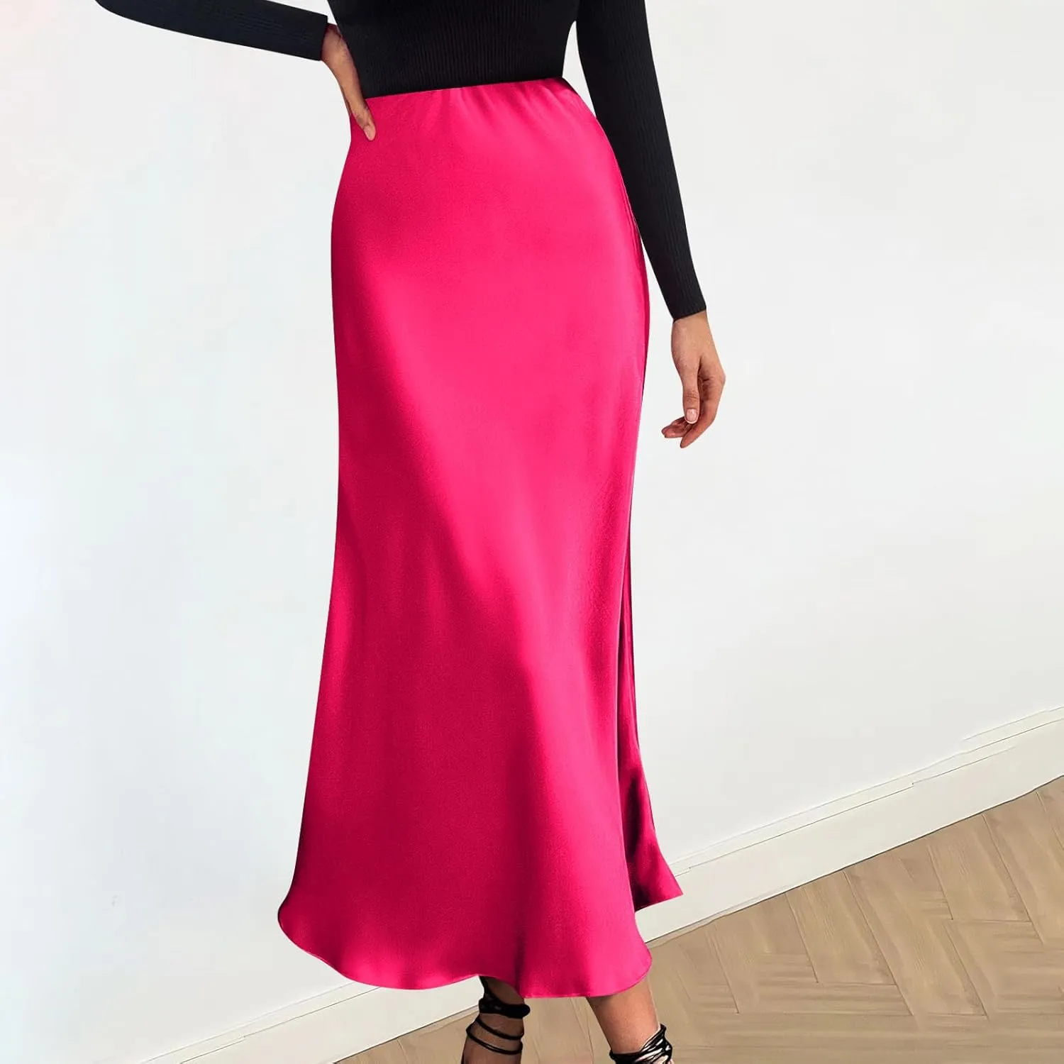 Women Satin Basic Midi Skirt Bodycon High Waist Pencil Skirts Elegant Casual Slim Fit Work Skirt for Going Out