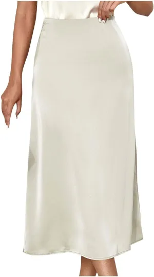 Women Satin Midi Skirt High Waist A Line Silky Smooth Lightweight Elegant Casual Formal Office Work Party Skirt