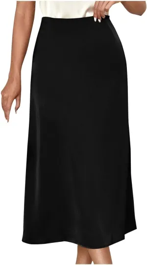 Women Satin Midi Skirt High Waist A Line Silky Smooth Lightweight Elegant Casual Formal Office Work Party Skirt