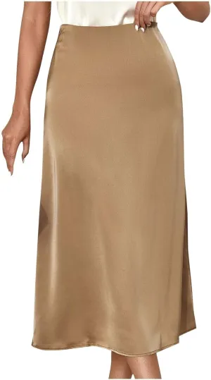 Women Satin Midi Skirt High Waist A Line Silky Smooth Lightweight Elegant Casual Formal Office Work Party Skirt