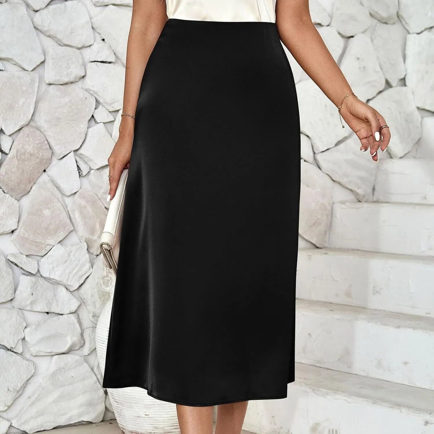 Women Satin Midi Skirt High Waist A Line Silky Smooth Lightweight Elegant Casual Formal Office Work Party Skirt