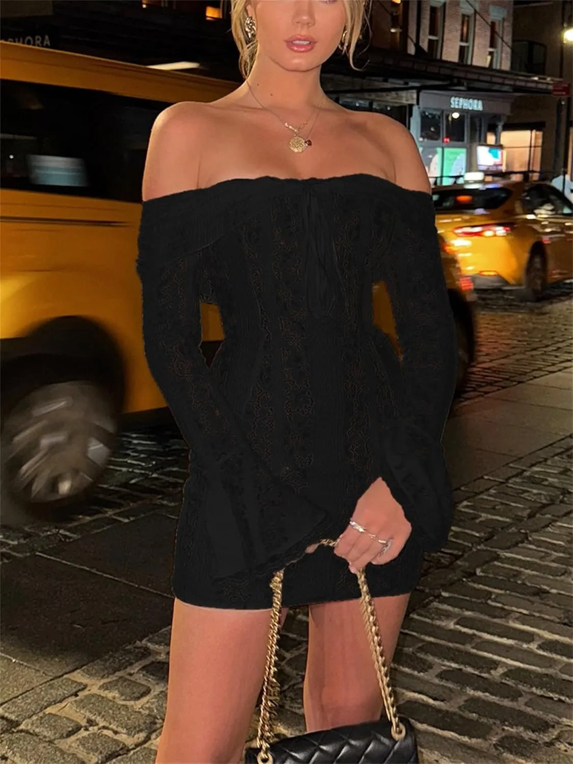 Women Sexy See Through Floral Lace Bodycon Mini Dress Y2k Off Shoulder Ruffles Hem Short Dress