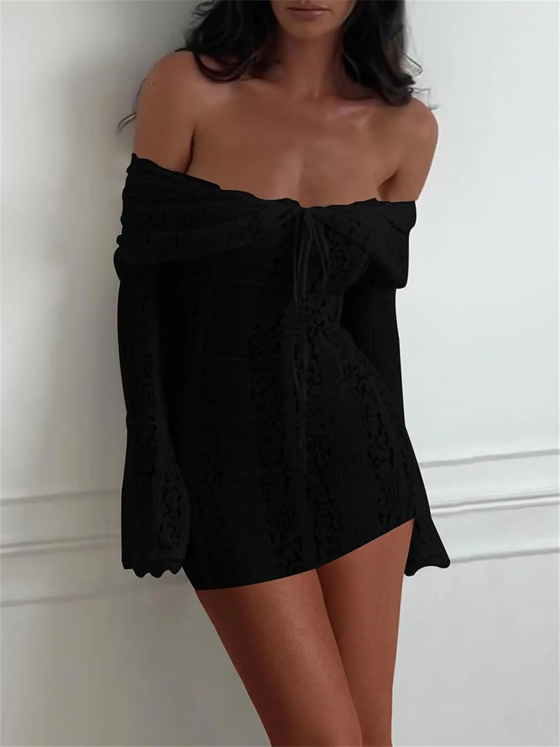Women Sexy See Through Floral Lace Bodycon Mini Dress Y2k Off Shoulder Ruffles Hem Short Dress