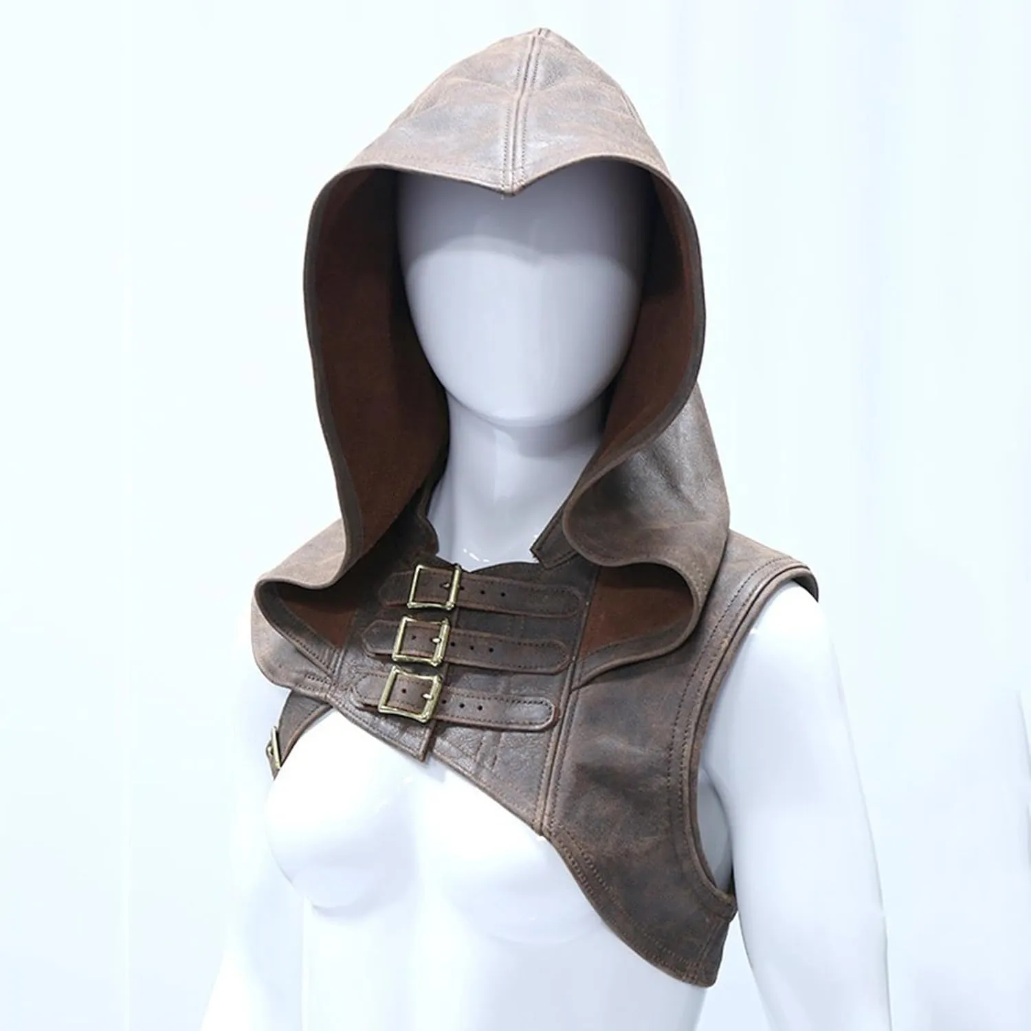 Women Steampunk Cowl Hat Leather Hood Scarf Winter Neck Warmer Costume Hooded Cape Hat for Halloween Cosplay