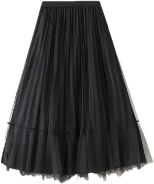 Women Tulle Irregular Velour Midi Pleated Skirthigh Waist Reversible Skirt