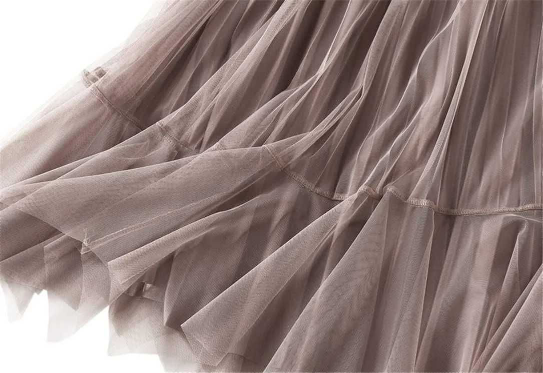 Women Tulle Irregular Velour Midi Pleated Skirthigh Waist Reversible Skirt