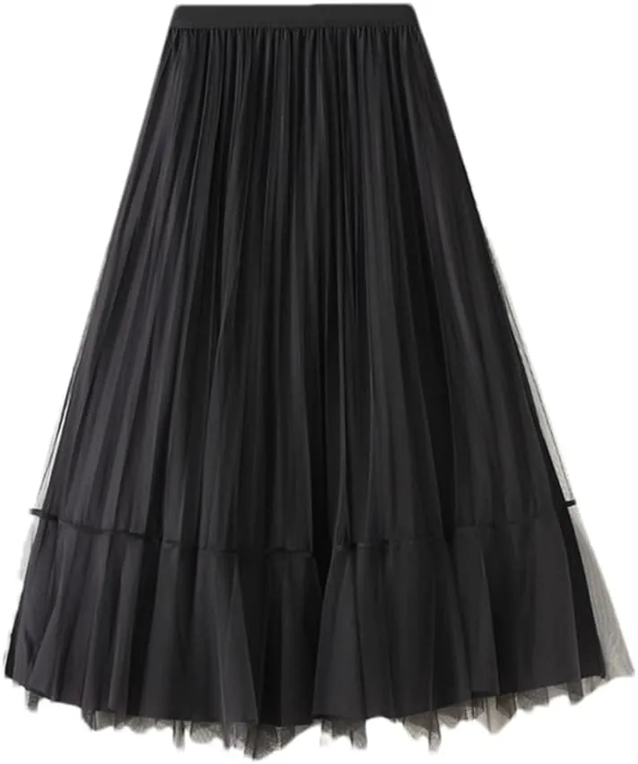 Women Tulle Irregular Velour Midi Pleated Skirthigh Waist Reversible Skirt