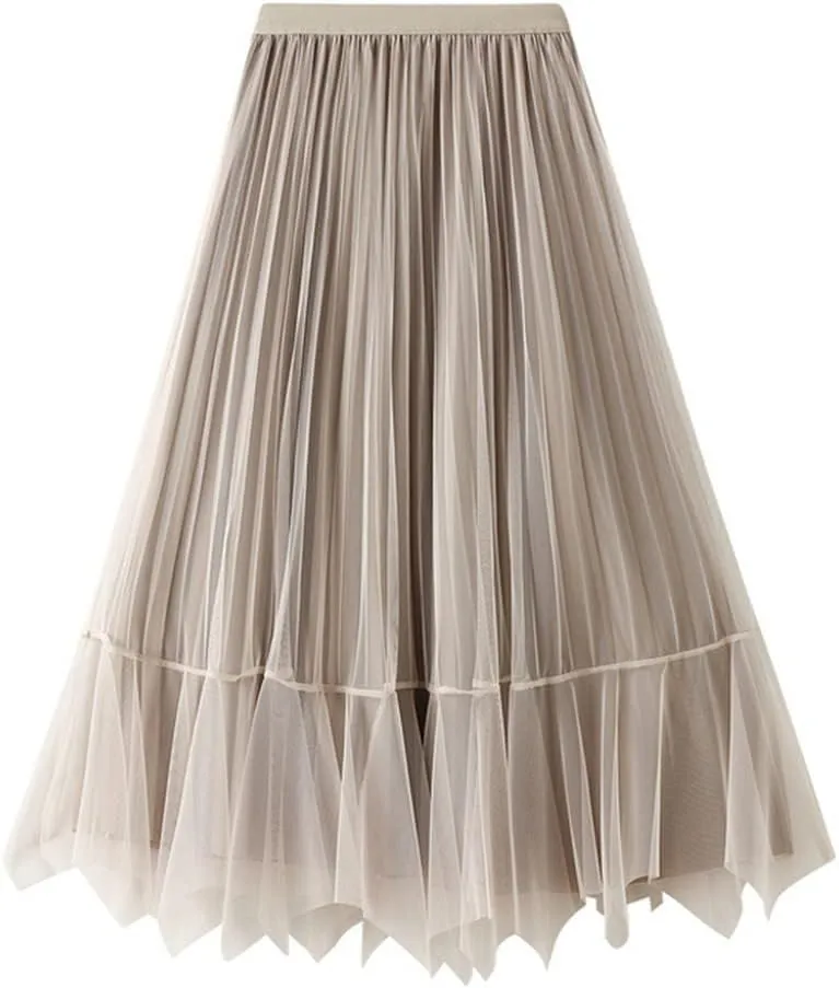Women Tulle Irregular Velour Midi Pleated Skirthigh Waist Reversible Skirt