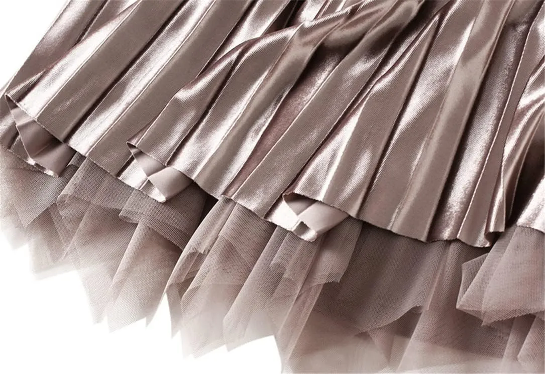 Women Tulle Irregular Velour Midi Pleated Skirthigh Waist Reversible Skirt