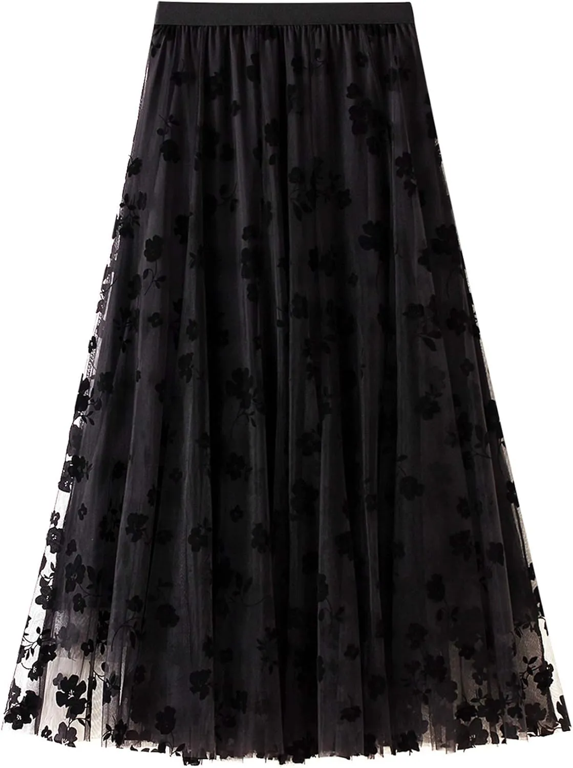 Women Tutu Tulle Skirt Elastic High Waist Layered Skirt Floral Print Mesh A-Line Midi Skirt