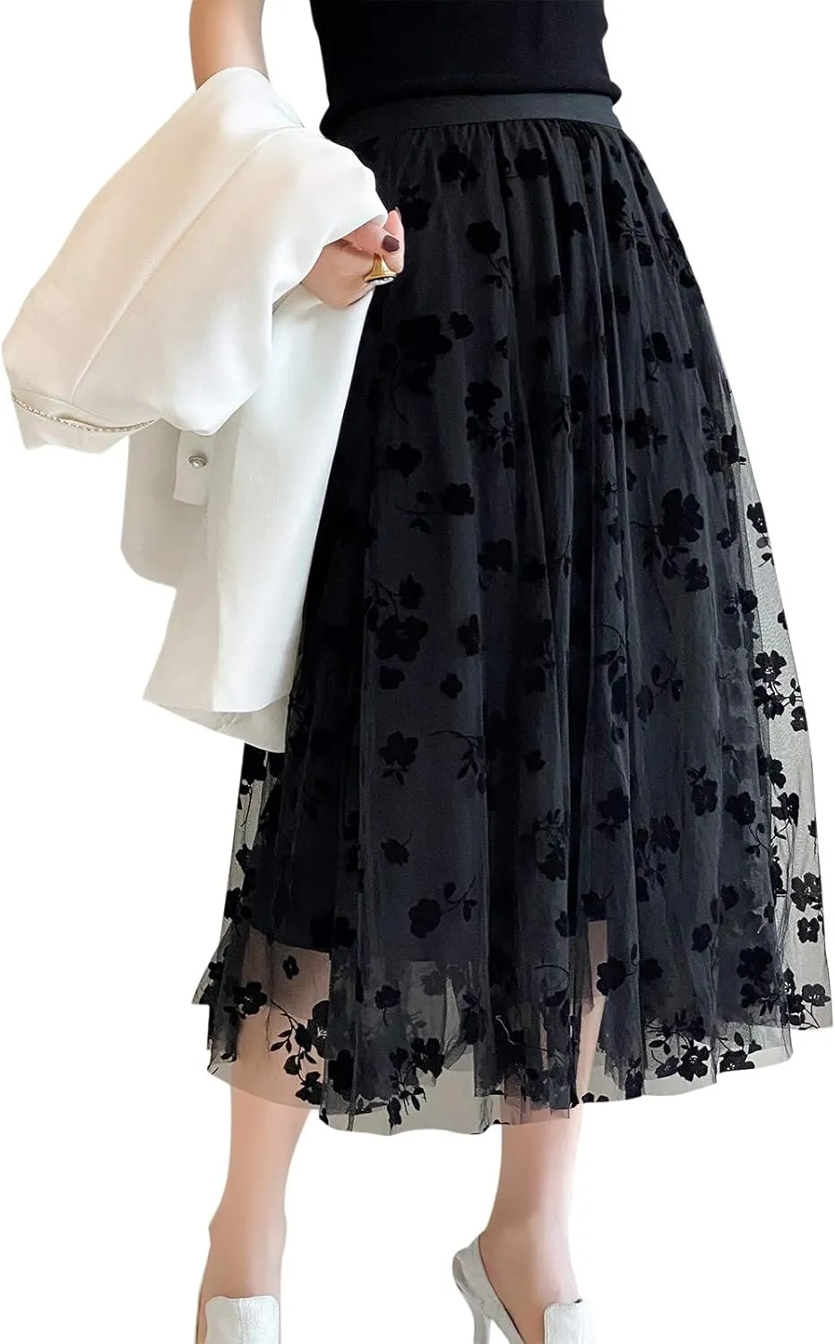 Women Tutu Tulle Skirt Elastic High Waist Layered Skirt Floral Print Mesh A-Line Midi Skirt