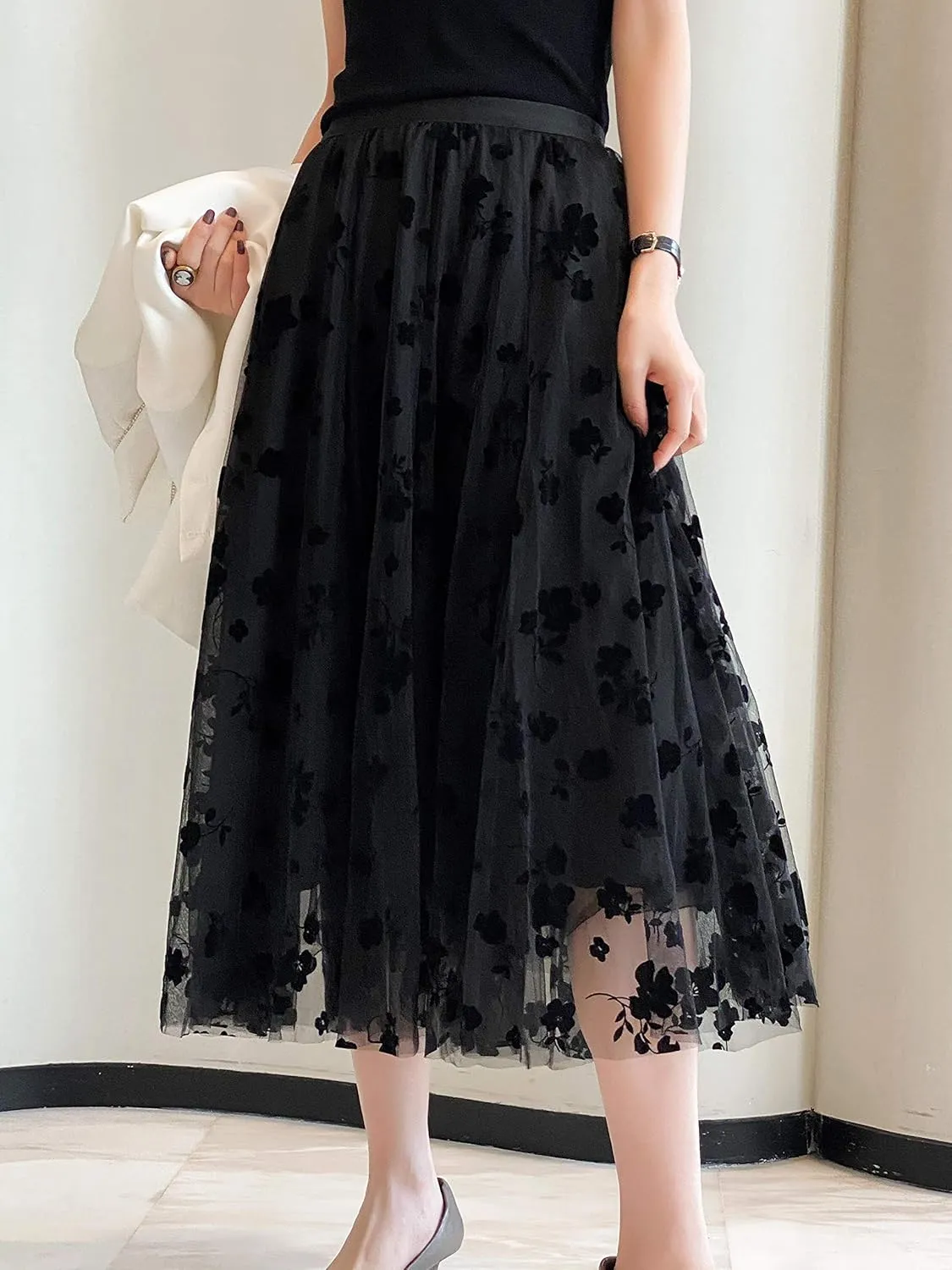 Women Tutu Tulle Skirt Elastic High Waist Layered Skirt Floral Print Mesh A-Line Midi Skirt