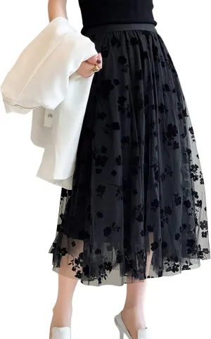 Women Tutu Tulle Skirt Elastic High Waist Layered Skirt Floral Print Mesh A-Line Midi Skirt