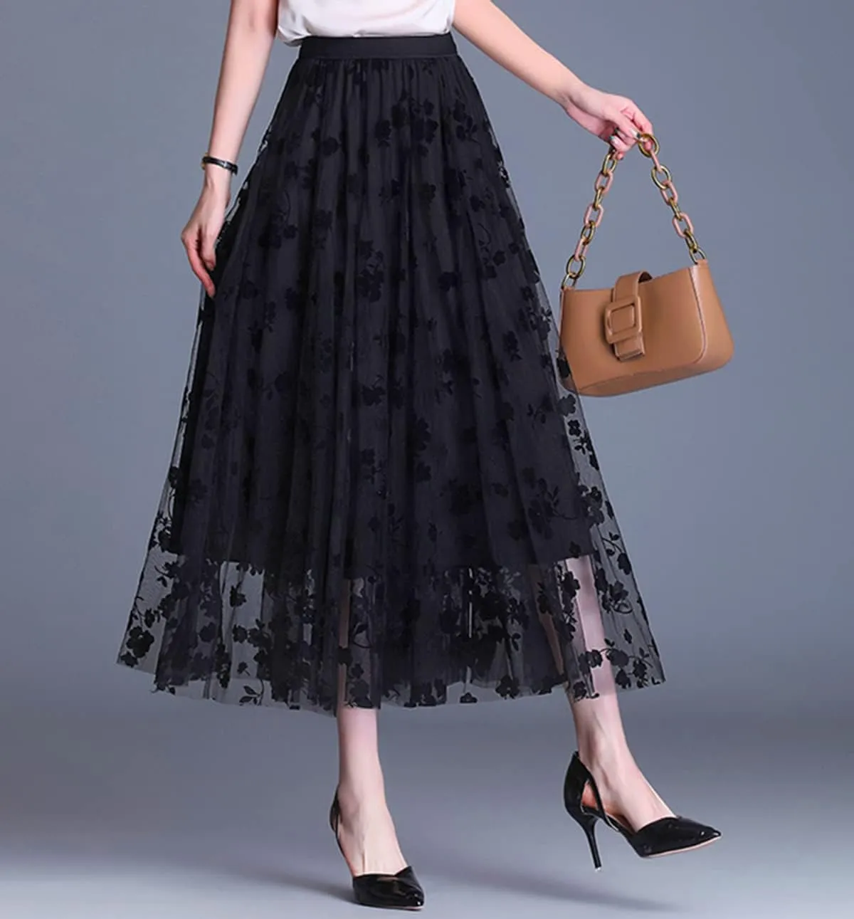 Women Tutu Tulle Skirt Elastic High Waist Layered Skirt Floral Print Mesh A-Line Midi Skirt