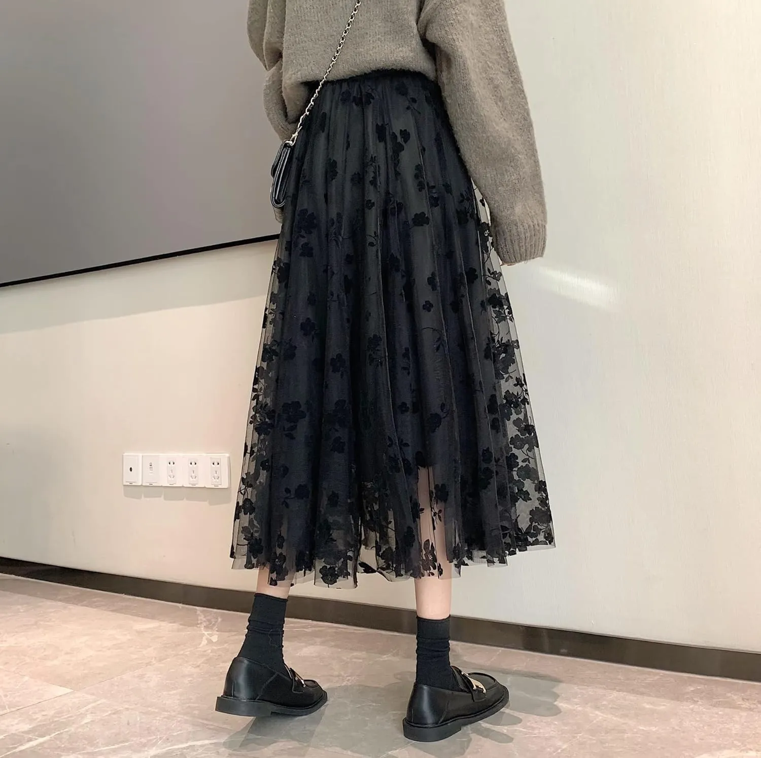 Women Tutu Tulle Skirt Elastic High Waist Layered Skirt Floral Print Mesh A-Line Midi Skirt
