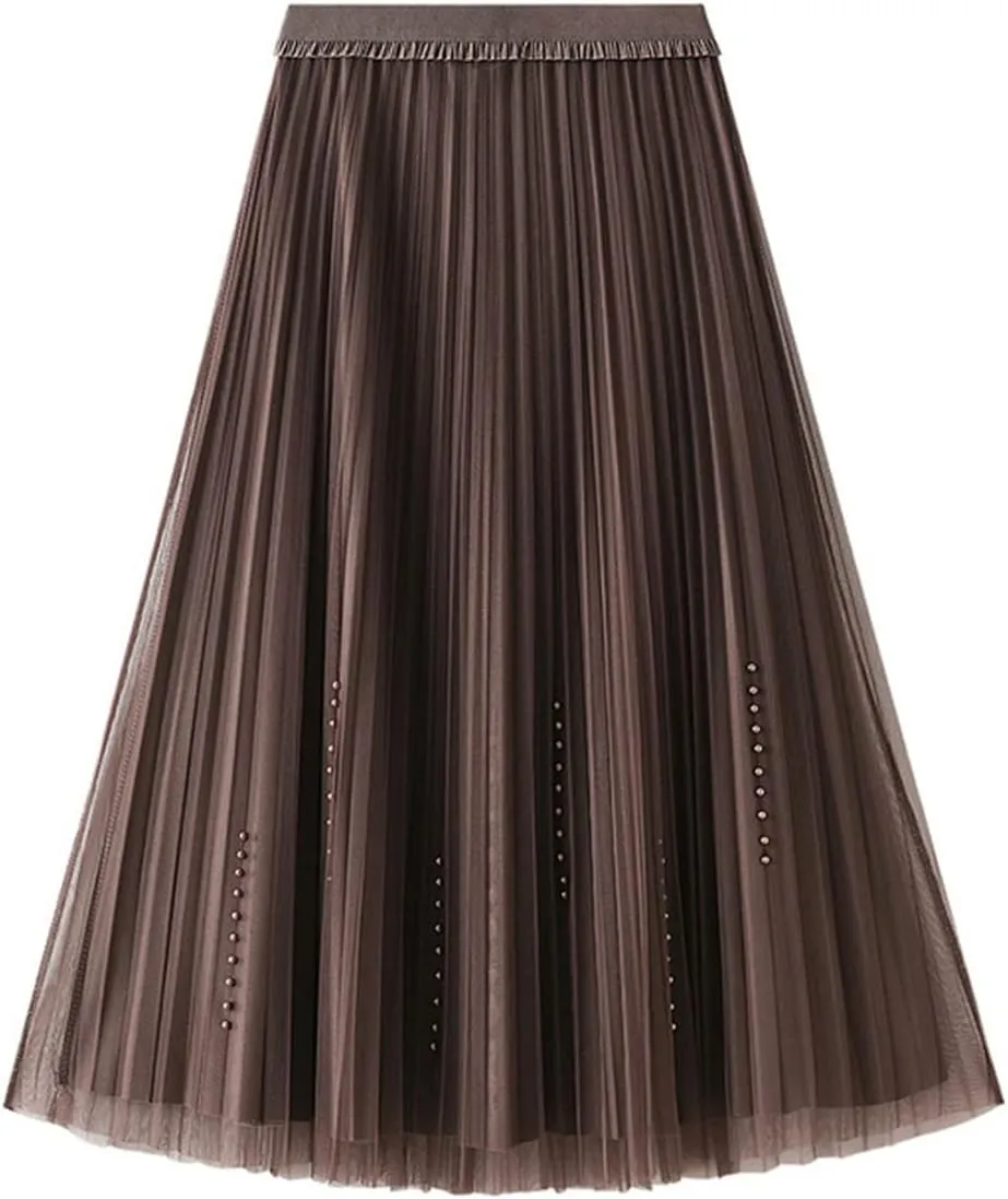 Women Velour Pleated Tulle Skirt Casual Black Midi Long Beading A Line Skirt